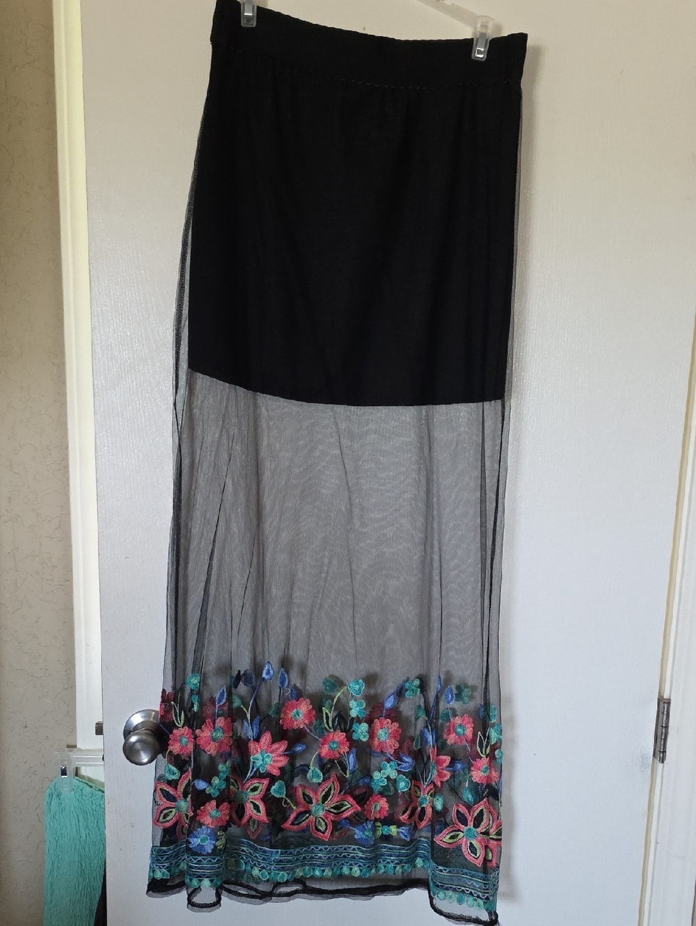 Crazy Train Black Sheer Maxi Skirt with Pink, Teal and Blue Floral Embroidery